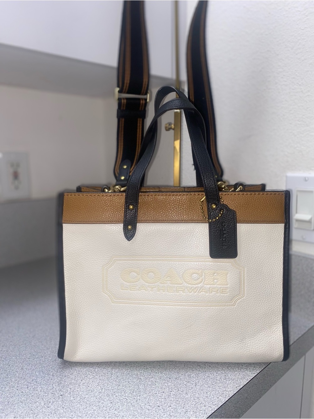 Coach Field Tote 30 Colorblock Leather Chalk Multi B2239-C0777 COA